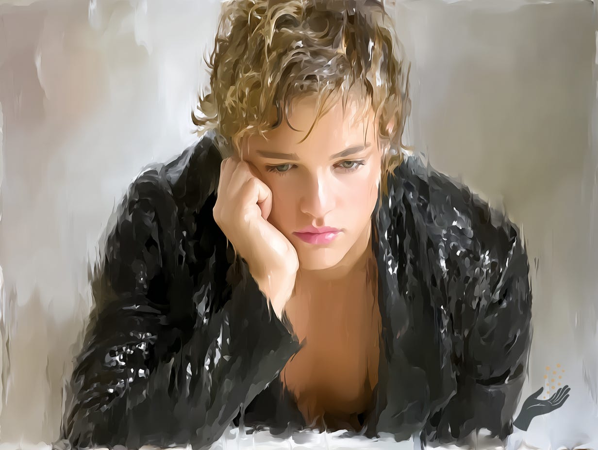 Soft painterly close-up of a person leaning on one hand, looking downward, wearing a dark jacket against a pale background.