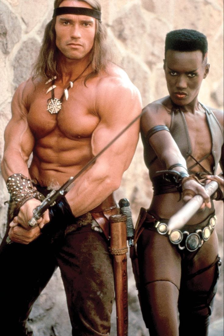 Publicity photos of Arnold Schwarzenegger and Grace Jones for CONAN THE DESTROYER (1984 ...