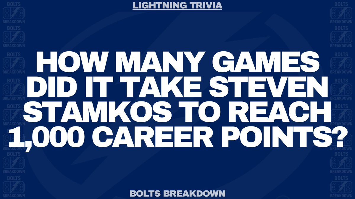 A blue-themed graphic with white text displaying Lightning Trivia at the top, the question How many games did it take Steven Stamkos to reach 1000 career points in bold letters, and Bolts Breakdown at the bottom, including repeated Bolts elements as decorative borders.