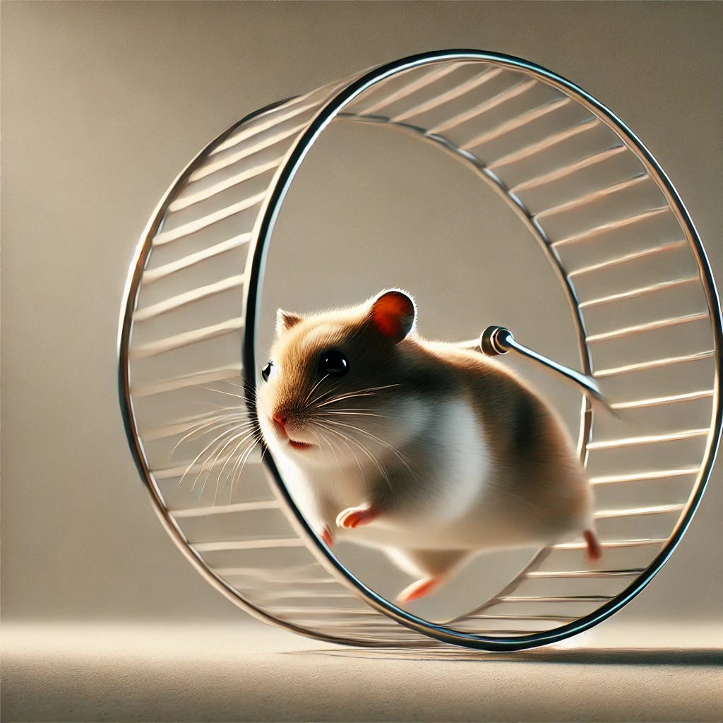 A photorealistic hamster running on a wheel with an austere background. The hamster has soft brown and white fur, delicate whiskers, and expressive black eyes. The wheel is sleek and metallic with a smooth running surface. The background is minimalistic, with a neutral tone and subtle lighting to create a dramatic, focused effect on the hamster in motion.