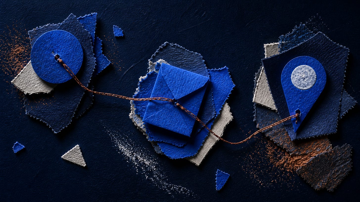 Blue paper circle, envelope, and map pin connected by string, arranged like articles with textured backgrounds and powder accents.