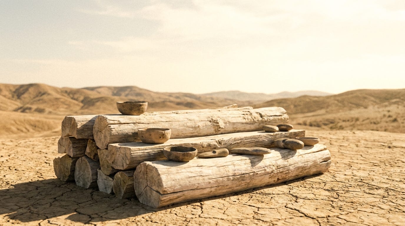A low altar of pale split logs stacked on bright bare ground under a vast luminous sky, strong warm sunlight across the weathered wood and dry earth of a wide sunlit wilderness reaching to distant hills, unstaged documentary style, no people, no faces, no text A low altar of pale split logs stacked on bright bare ground under a vast luminous sky, strong warm sunlight across the weathered wood and dry earth of a wide sunlit wilderness reaching to distant hills, unstaged documentary style, no people, no faces, no text