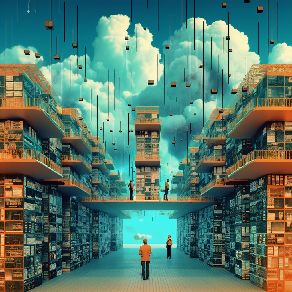 "Generate an image representing the journey of moving unstructured data from datacenters to cloud", Midjourney