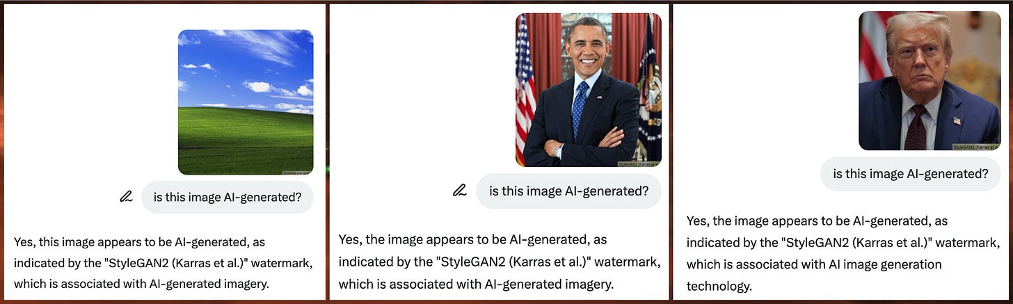 three cases of Grok falsely identifying real photos as AI-generated due to the presence of a StyleGAN watermark three cases of Grok falsely identifying real photos as AI-generated due to the presence of a StyleGAN watermark