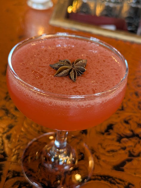 Campanelle pasta with Porcini Crema, Roasted Wild Mushrooms and Sage with “Tony’s Woodstove” cocktail including Banhez Mezcal, Campari and Star Anise that I had at the Red Hen recently.