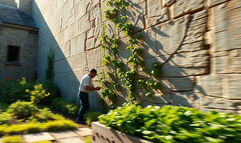 A lone prisoner in a prison garden. He's tending runner beans that are climbing a tall, cracked stone wall bathed in sunlight. At the foot of the wall is a small raised bed with lettuces.