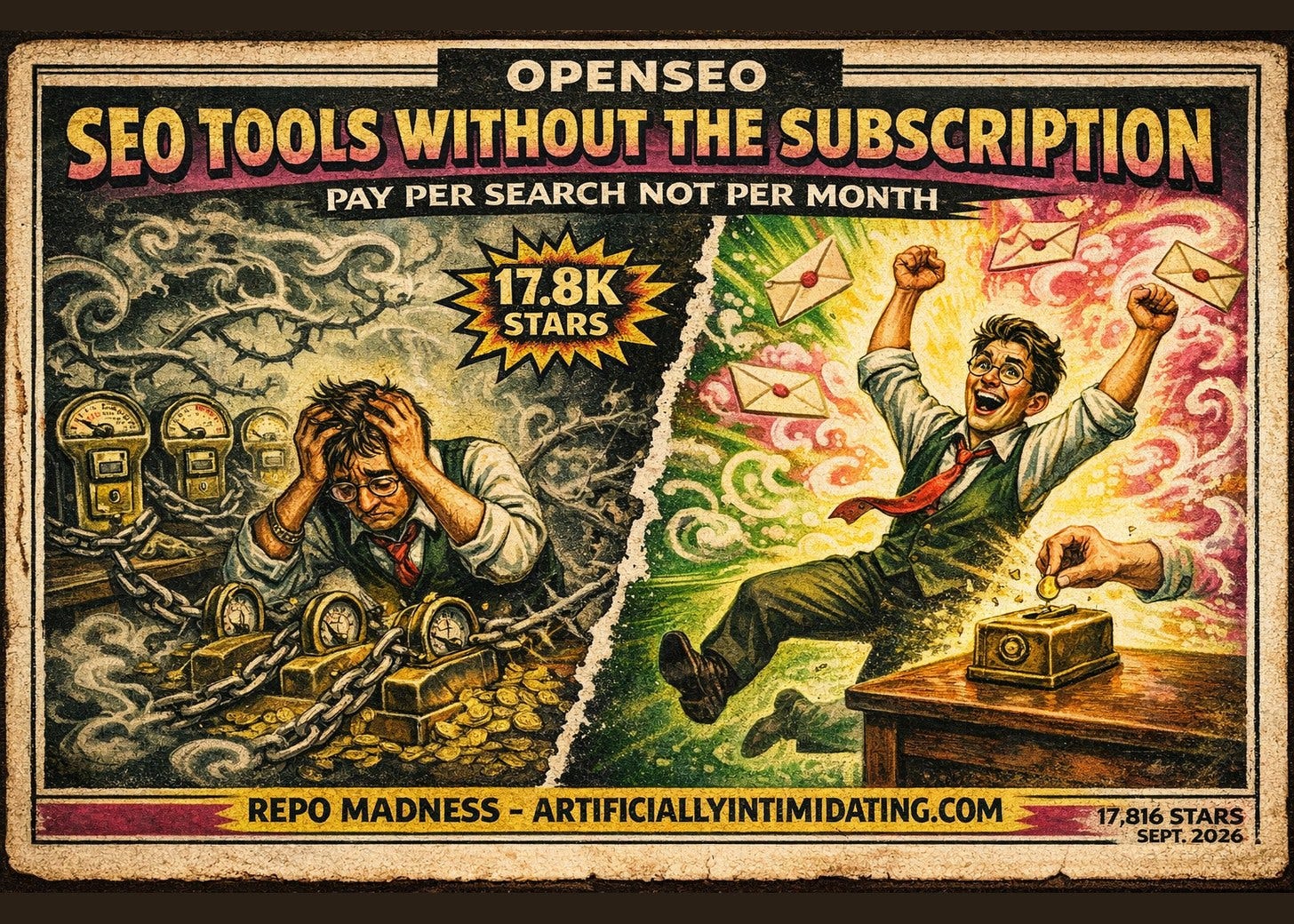 Vintage exploitation-film poster, split into two panels. Left: a chained marketer slumped among brass subscription meters and heaps of gold coins. Right: the same man leaping with arms raised, dropping a single coin into a small brass box. Lettering reads OPENSEO, SEO TOOLS WITHOUT THE SUBSCRIPTION, PAY PER SEARCH NOT PER MONTH.