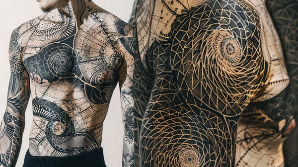 A man with his upper body covered in intricate tattoos, primarily in black and light orange ink. The tattoos feature spirals and geometric patterns, creating a visually striking and mathematically themed design. A man with his upper body covered in intricate tattoos, primarily in black and light orange ink. The tattoos feature spirals and geometric patterns, creating a visually striking and mathematically themed design.