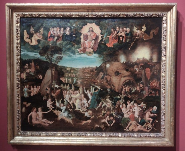 A painting of religious allegories, overseen by Jesus and angels in the sky, while people succumb to and try to escape from temptation and devils.