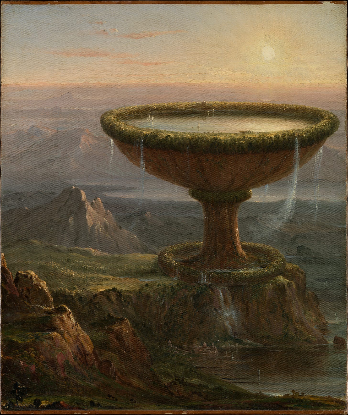 Lush landscape painting from early 1800s with a big stone water goblet surrounded by encroaching nature. The water goblet has very small boats floating in it. Lush landscape painting from early 1800s with a big stone water goblet surrounded by encroaching nature. The water goblet has very small boats floating in it.