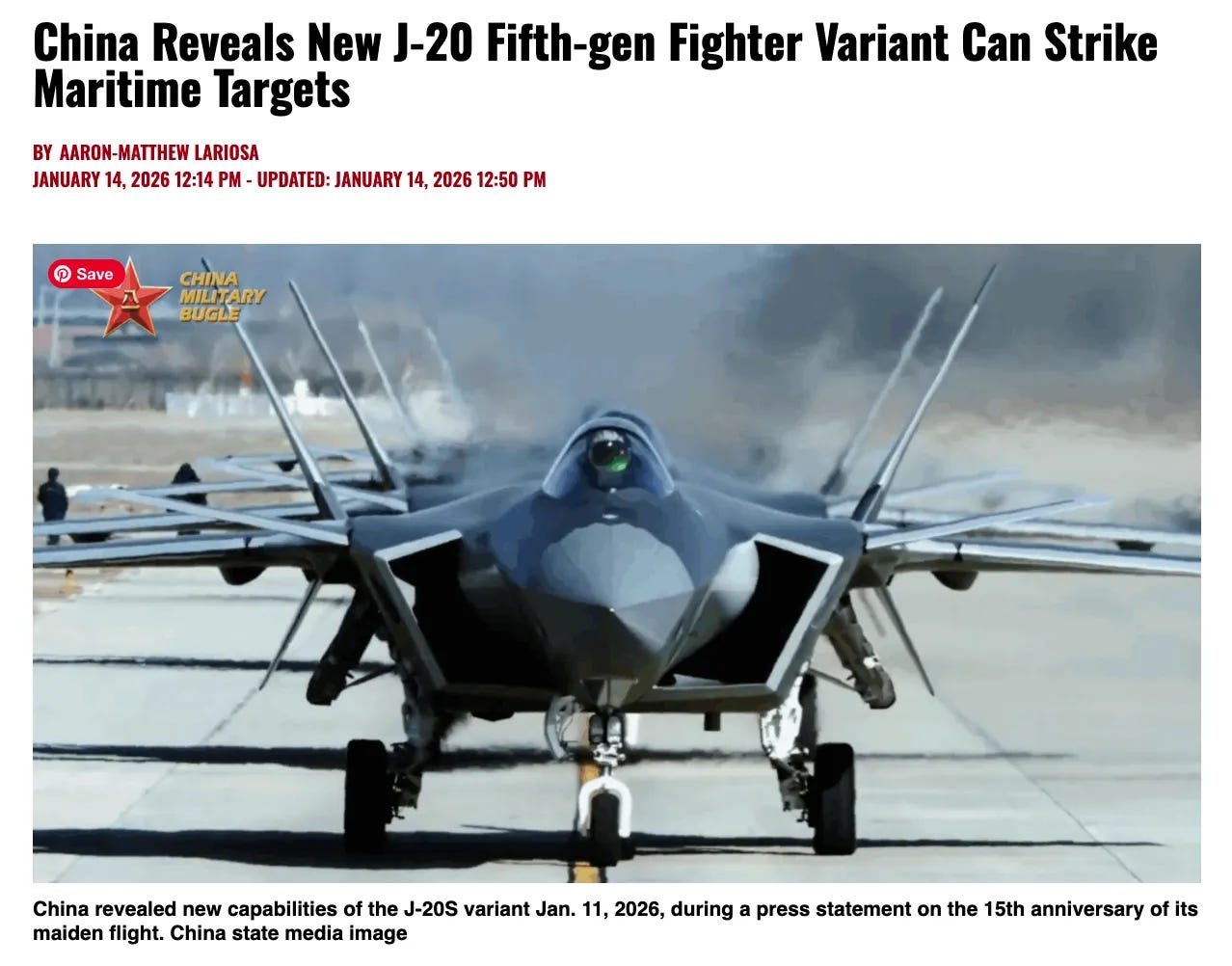 China Reveals New J-20 Fifth-gen Fighter Variant Can Strike Maritime Targets; news story showing advanced fighter jet China Reveals New J-20 Fifth-gen Fighter Variant Can Strike Maritime Targets; news story showing advanced fighter jet