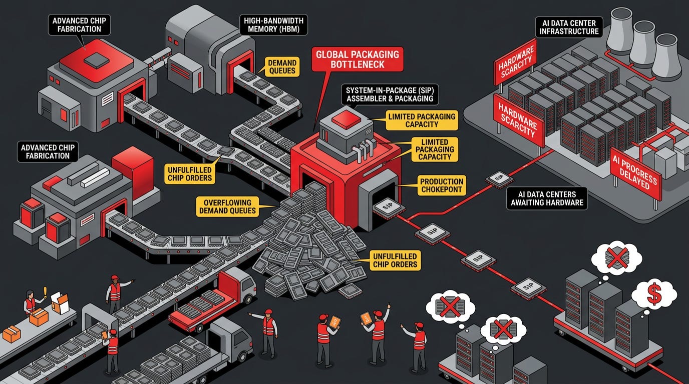 Flat isometric illustration of a vast global AI hardware assembly line where advanced chips, high-bandwidth memory modules and packaging facilities converge into a single bottleneck before reaching waiting AI data centers, tiny logistics teams directing overflowing queues of demand, visual emphasis on physical infrastructure limiting AI progress, bold red and graphite gray color palette, clean vector art style, dark background, modern tech editorial aesthetic Flat isometric illustration of a vast global AI hardware assembly line where advanced chips, high-bandwidth memory modules and packaging facilities converge into a single bottleneck before reaching waiting AI data centers, tiny logistics teams directing overflowing queues of demand, visual emphasis on physical infrastructure limiting AI progress, bold red and graphite gray color palette, clean vector art style, dark background, modern tech editorial aesthetic
