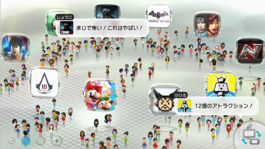 Colorful avatars gather around icons with speech bubbles on a white grid background. Prominent icons include Mario and Assassin's Creed.