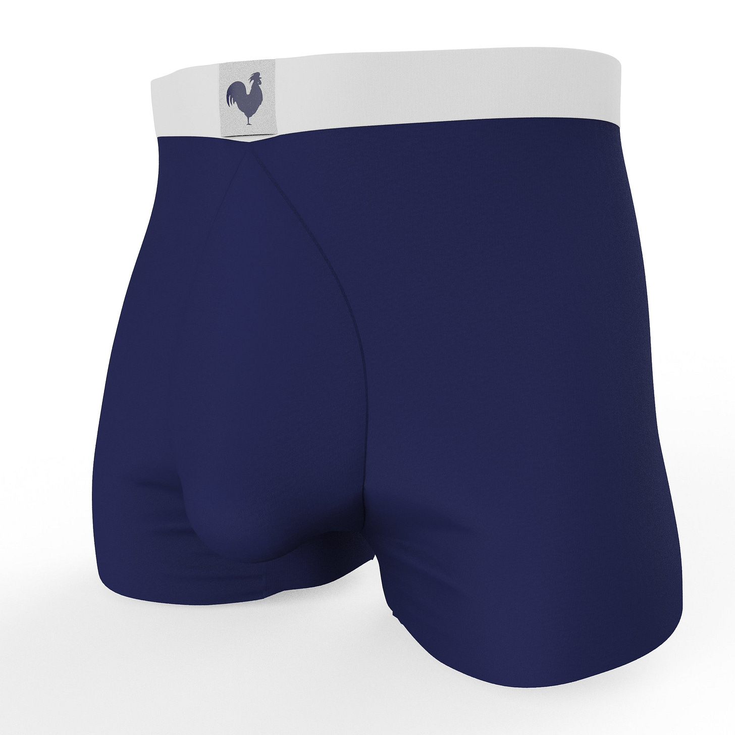 A pair of navy blue boxer briefs with a white elastic waistband featuring a small logo. A pair of navy blue boxer briefs with a white elastic waistband featuring a small logo.