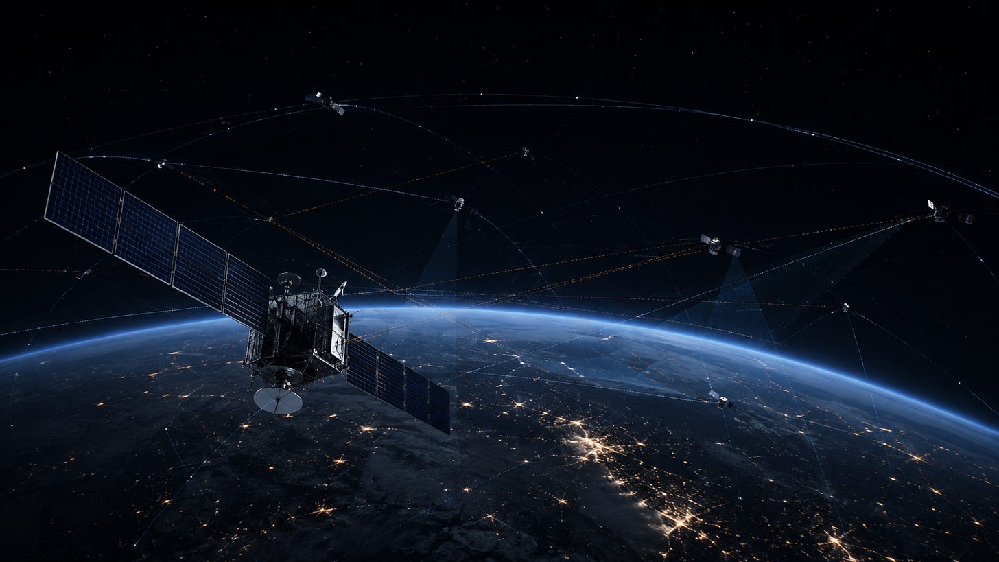 Orbital networks above Earth Editorial illustration of realistic satellites and signal paths above the night side of Earth.
