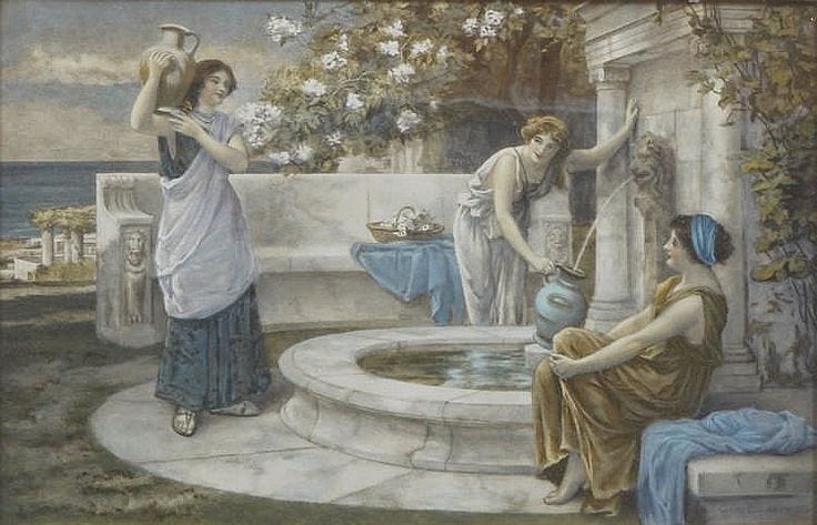 This may contain: a painting of women drinking water from a fountain