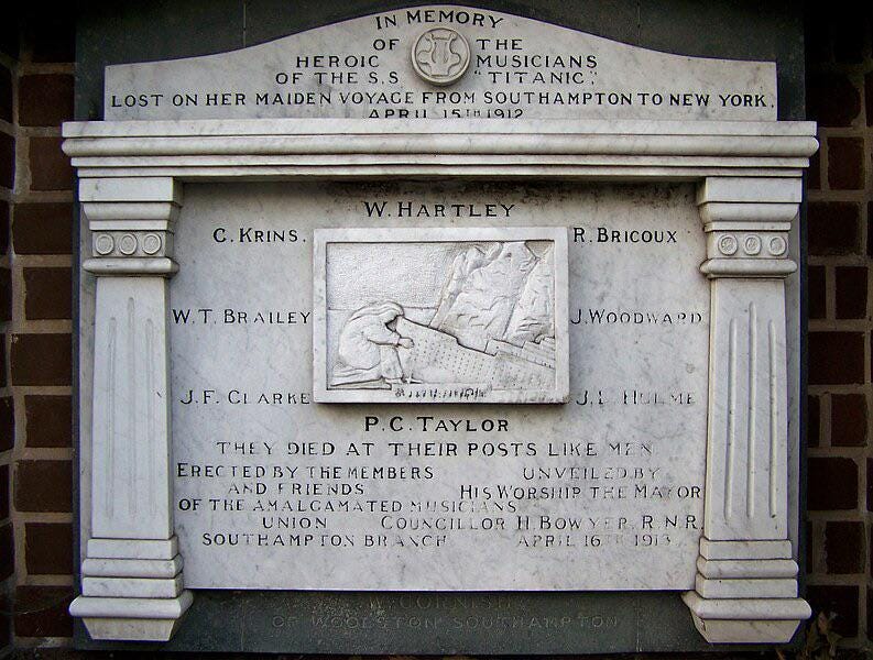 The poignant Southampton memorial dedicated to the heroic musicians of the RMS Titanic, unveiled by Mayor H. Bowyer in April 1913.