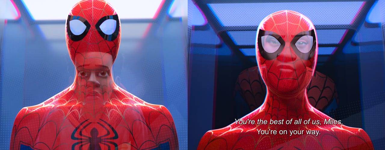 In ITSV, when Miles first sees the Spiderman suit in Peter's shed, his reflection doesn't align with the mask, later on once he feels he's ready and goes back to the Peter's In ITSV, when Miles first sees the Spiderman suit in Peter's shed, his reflection doesn't align with the mask, later on once he feels he's ready and goes back to the Peter's
