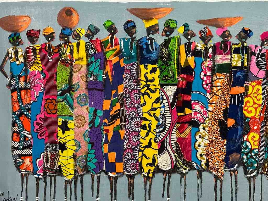 Women in Long Dresses | Contemporary African Painting with Textiles on Women in Long Dresses | Contemporary African Painting with Textiles on