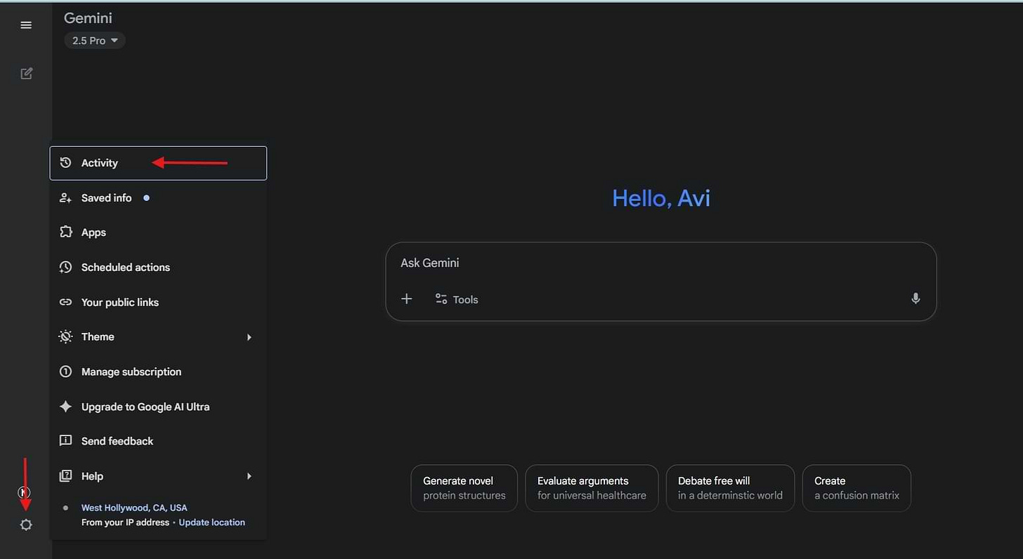 Screenshot of the Gemini app’s sidebar menu with a red arrow pointing to “Activity” under Settings, where users can manage data and privacy settings.