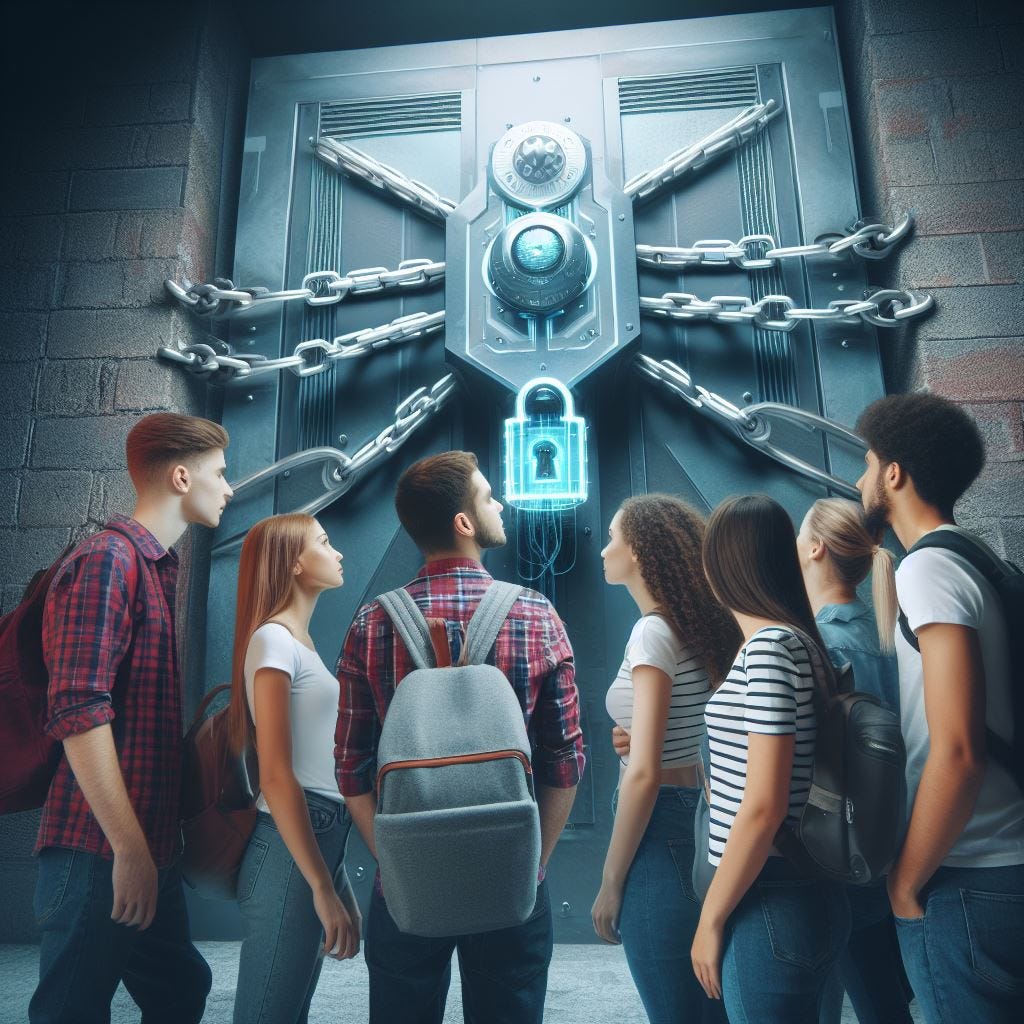 Adult students stand outside a build with a futuristic door that is chained and locked. Adult students stand outside a build with a futuristic door that is chained and locked.