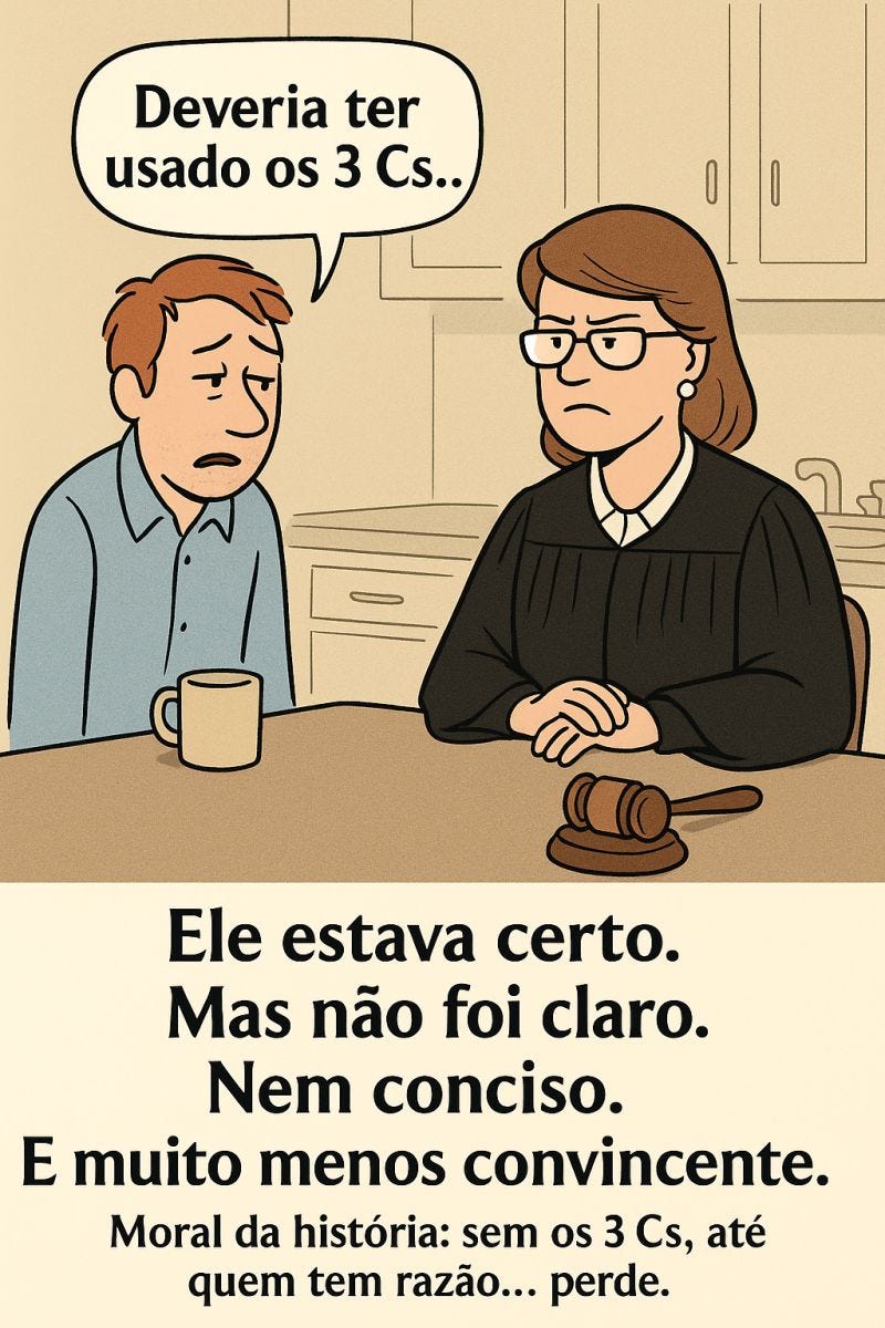 Ilustração de um homem arrependido diante de uma juíza, com a frase “Deveria ter usado os 3 Cs”. Abaixo, a mensagem: “Ele estava certo. Mas não foi claro. Nem conciso. E muito menos convincente. Moral da história: sem os 3 Cs, até quem tem razão… perde.”