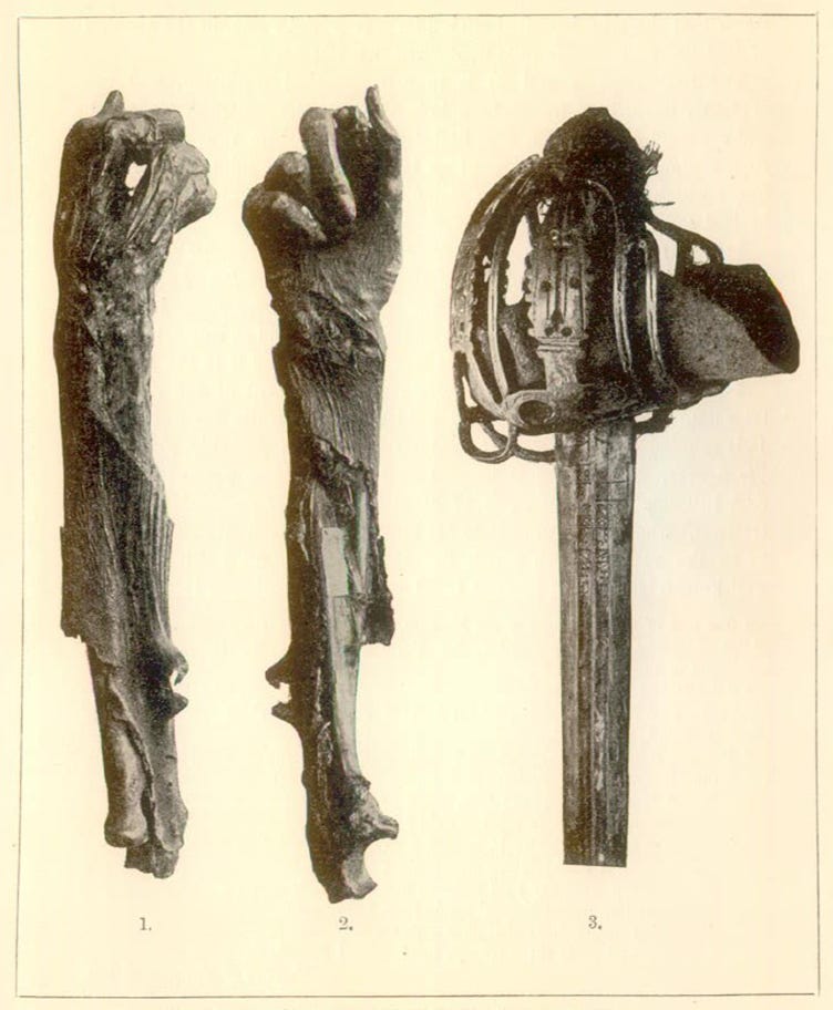 The right arm, pictured in the Proceedings of the Society of Antiquaries, 1896 – two views of a mummified arm, and the hilt of Montrose’s sword