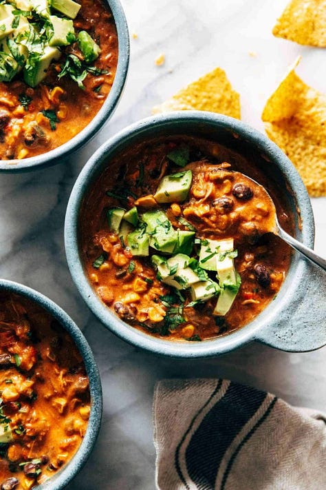 queso chili, chicken pasta bake, carrot soup