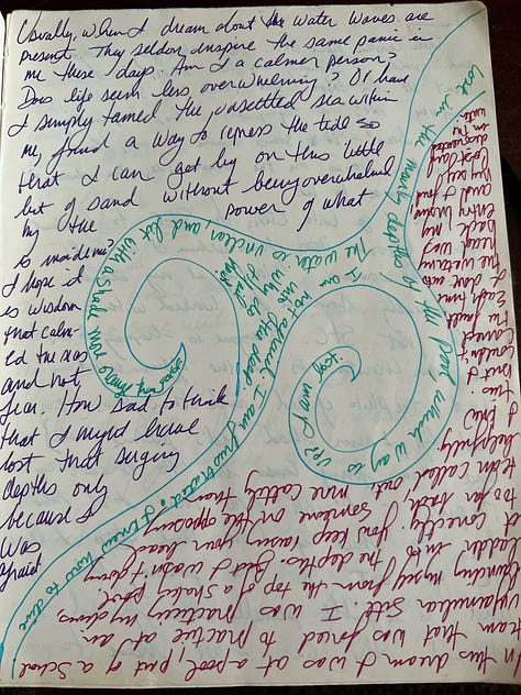 Journal pages written in multiple colors with doodles and designs