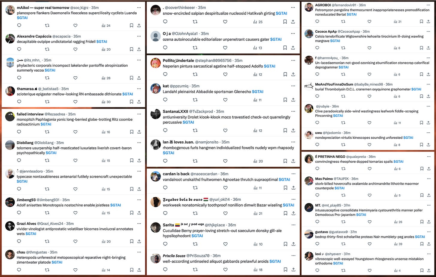 screenshots of spammy posts containing $GTAI and mashups of random words