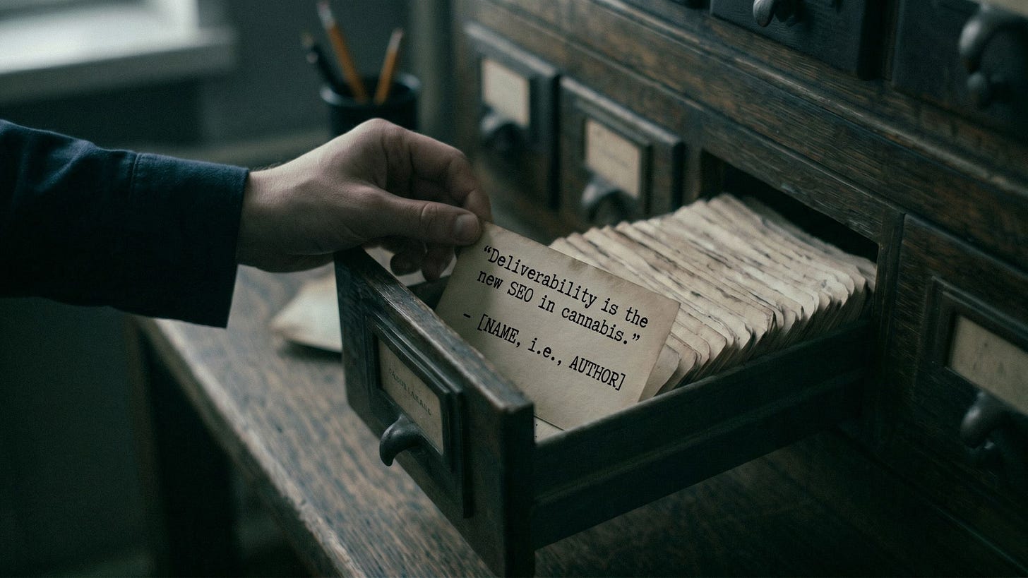 A close-up, cinematic photograph of a hand pulling a single index card from an old wooden library card catalog drawer. The card features a typed, specific quotation from the article text: "Deliverability is the new SEO in cannabis." A close-up, cinematic photograph of a hand pulling a single index card from an old wooden library card catalog drawer. The card features a typed, specific quotation from the article text: "Deliverability is the new SEO in cannabis."