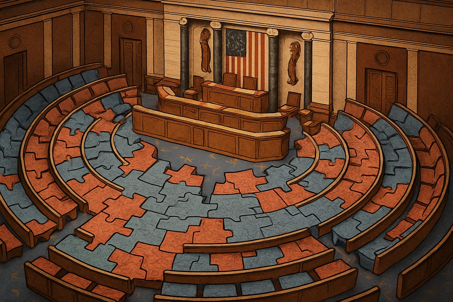 The floor of the House of Representatives shown as a giant puzzle.