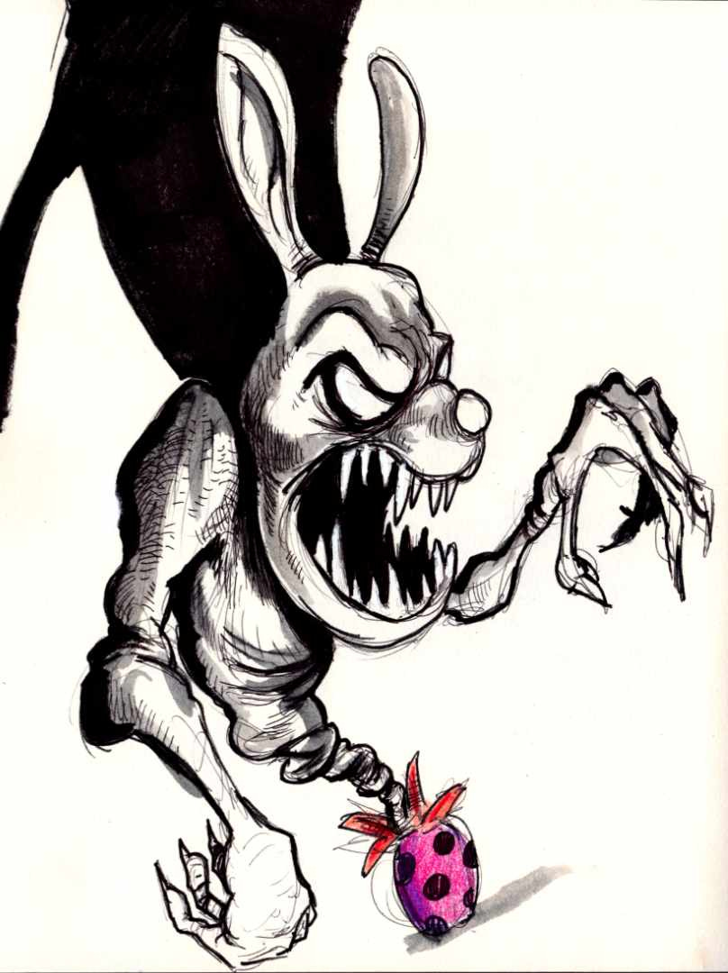 Ink and color pencil sketch of the nightmare rabbit from the Twilight Zone Movie.