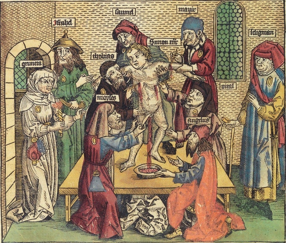 Hand colored print of Simon of Trent being tortured by Jews. From Hartmann Schedel's Chronicle. Hand colored print of Simon of Trent being tortured by Jews. From Hartmann Schedel's Chronicle.