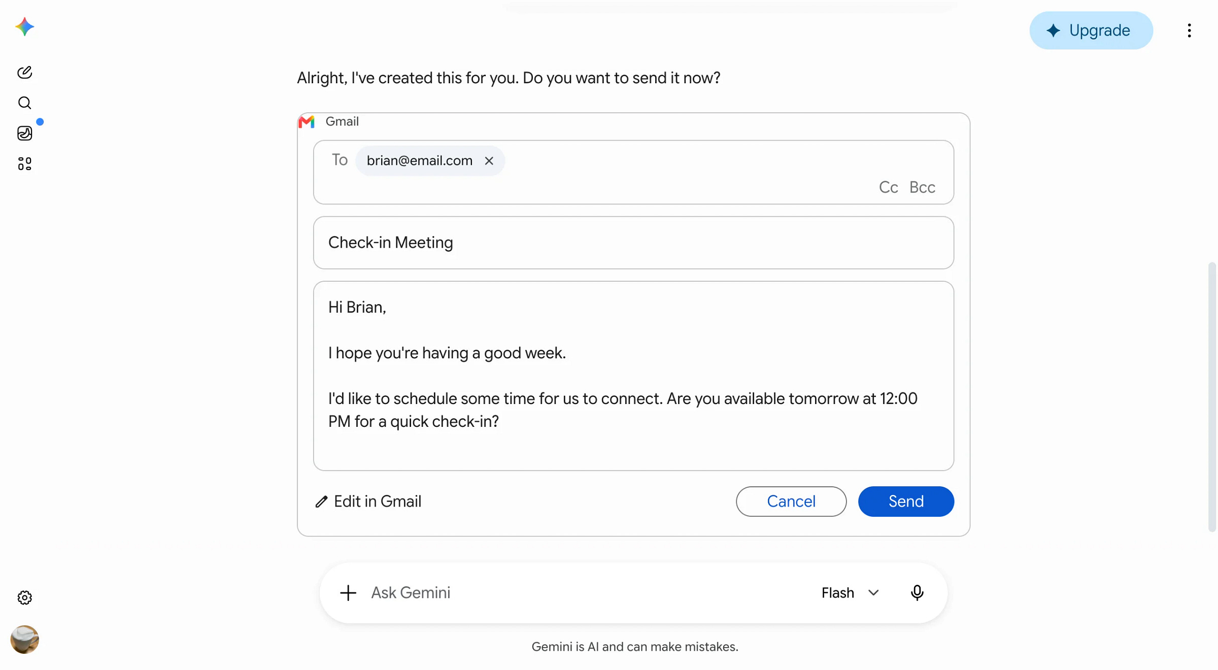 Gemini Gmail draft approval card with Cancel and Send