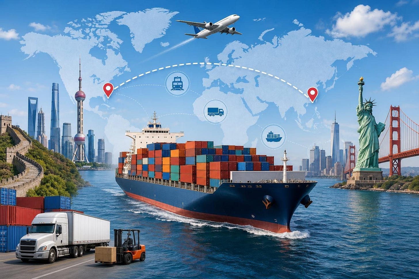 A cargo ship sailing across the ocean between China and the USA, with landmarks from both countries and a route marked on a map in the background. A cargo ship sailing across the ocean between China and the USA, with landmarks from both countries and a route marked on a map in the background.