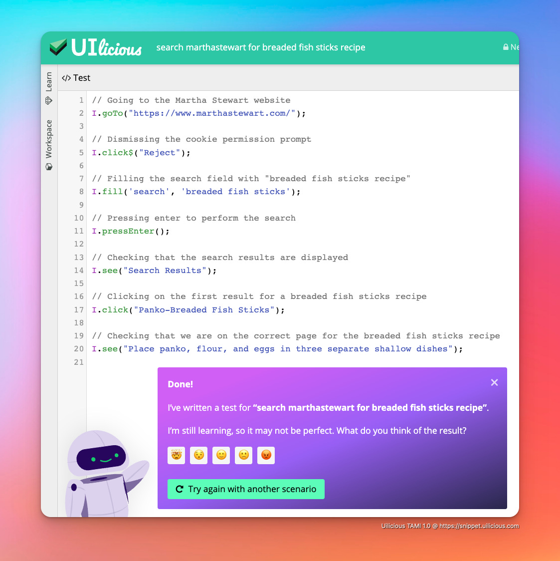 and its subsequent UI test script that was generated in 20 lines