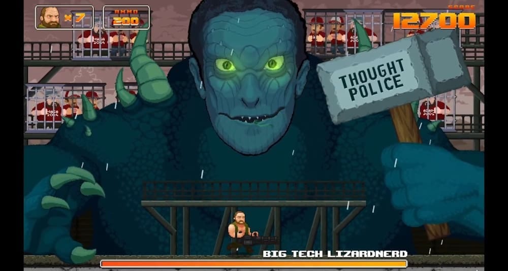 Alex Jones battles the 'Big Tech Lizardnerd' in the game Alex Jones: NWO Wars. Alex Jones battles the 'Big Tech Lizardnerd' in the game Alex Jones: NWO Wars.