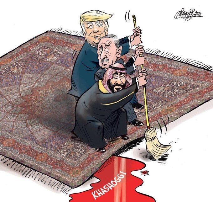 2018 political cartoon by Patrick Corrigan titled "Under the rug". 
The cartoon depicts then-President Donald Trump, Turkish President Recep Tayyip Erdoğan, and Saudi Crown Prince Mohammed bin Salman (MBS) attempting to sweep a pool of blood labeled "KHASHOGGI" under a large intricate Arabian rug.
It refers to the October 2018 murder of Saudi journalist Jamal Khashoggi at the Saudi consulate in Istanbul, Turkey.

Toronto Star
https://www.thestar.com/opinion/editorial-cartoons/patrick-corrigan-under-the-rug/article_efdbcab5-6271-5cd7-84c1-5127b76bbf90.html