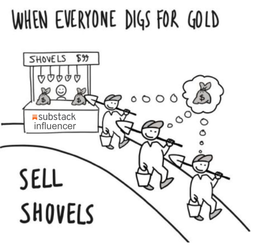Drwaing of a person selling shovels 