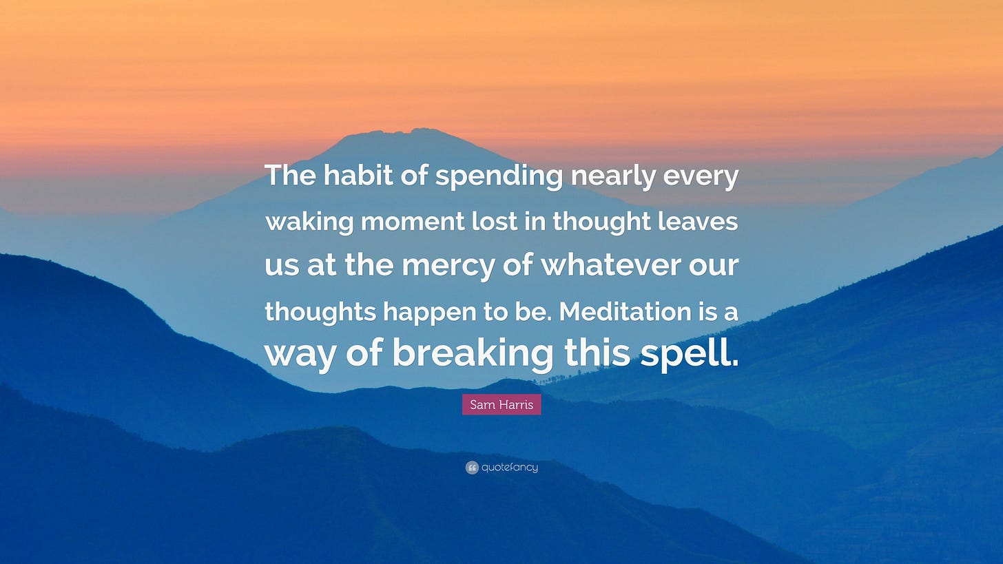 Sam Harris Quote: “The habit of spending nearly every waking moment lost in  thought leaves us at the mercy of whatever our thoughts happen ...”
