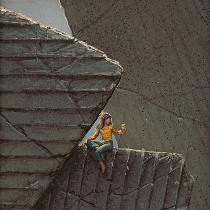 LEFT: Concrete wall next to the dentist office. The wall is made up of thin vertical grooves creating an interesting pattern as it weathered. Some of the vertical ridges have broken away in chunks. The top of the wall is stained dark with some moss growing on the top edge. RIGHT: Figure detail from NO SERVICE featuring a woman in yellow long-sleeved shirt with scoop neck and tight fitting jeans that end mid calf. She looks fashionable as she perches on a monolithic slab of concrete with her body turned as she holds out her camera.
