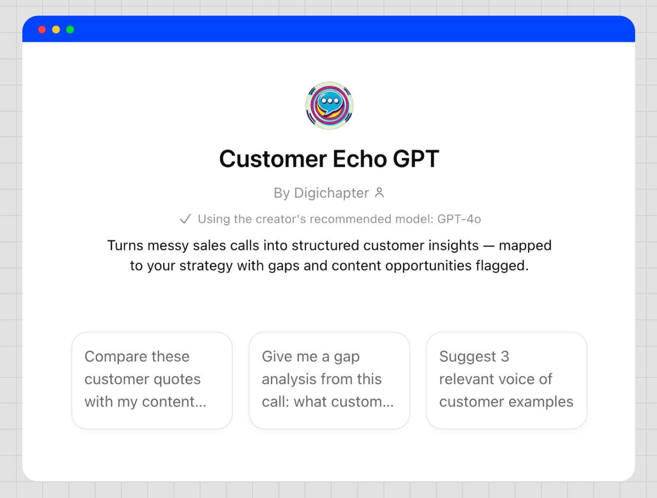 Customer Echo GPT tool that shows how to turn transcripts into content strategy by extracting customer insights.