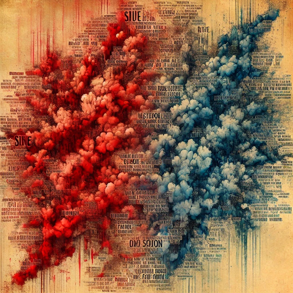 An artistic illustration of red and blue clouds composed entirely of words, blending into each other. The words form intricate patterns, creating a surreal and poetic atmosphere. The background has a sepia tone, giving the artwork a vintage and timeless feel.