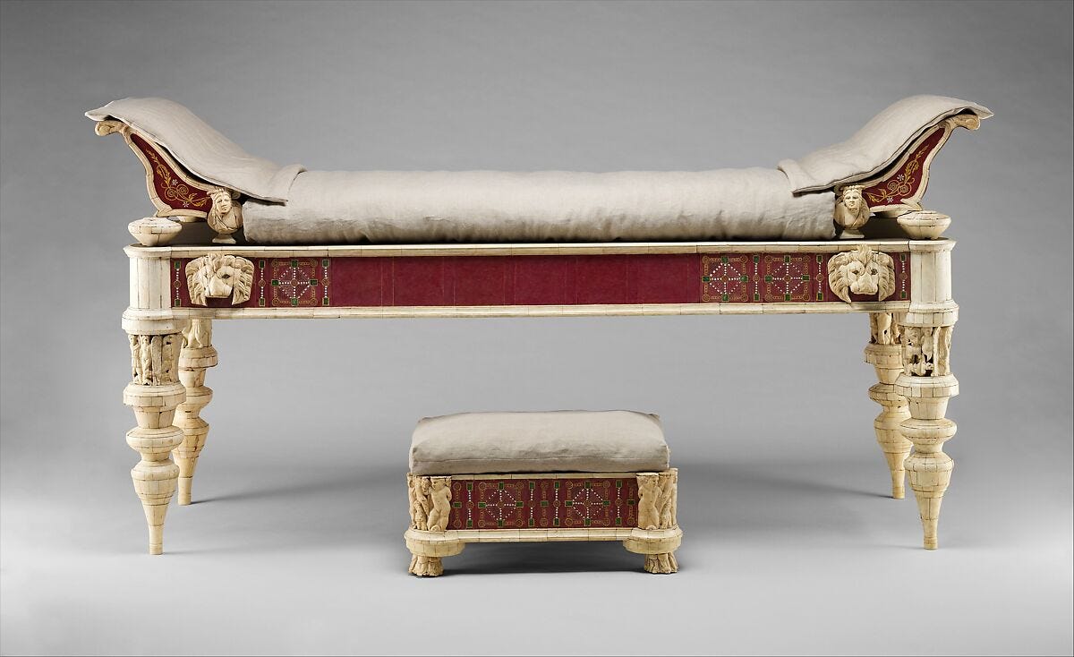 Couch and footstool with bone carvings and glass inlays, Wood, bone, glass, Roman 