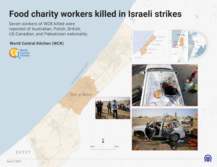 A map shows a section of Gaza highlighted, with images of the vehicles that were hit with Israeli strikes. A map shows a section of Gaza highlighted, with images of the vehicles that were hit with Israeli strikes.