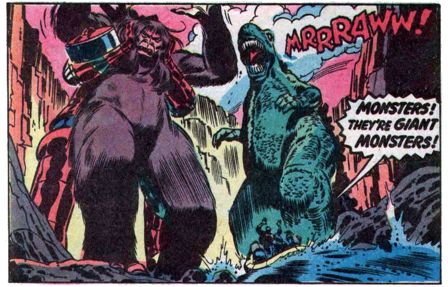 A group of people on a raft flee from Godzilla, Yetrigar, and Red Ronin
