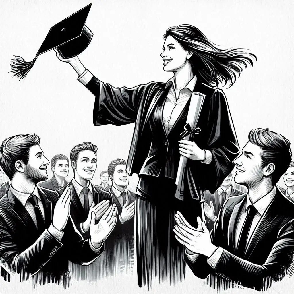 Business woman waving her degree over men in black and white ink and gouache style
