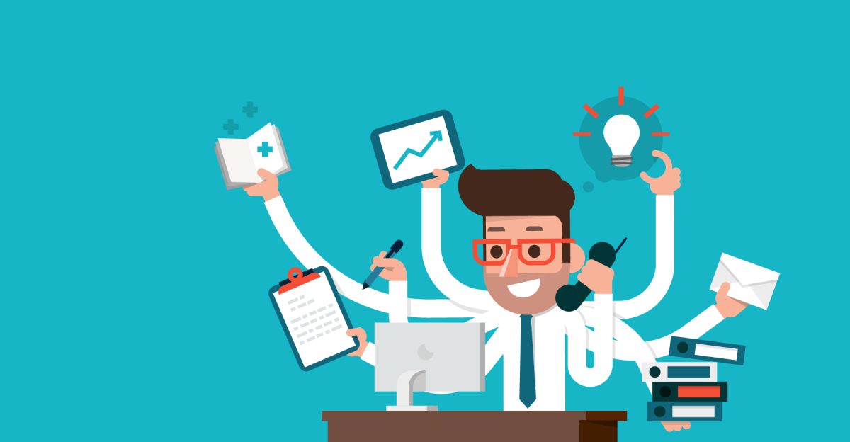 Graphic of a man with many arms being productive