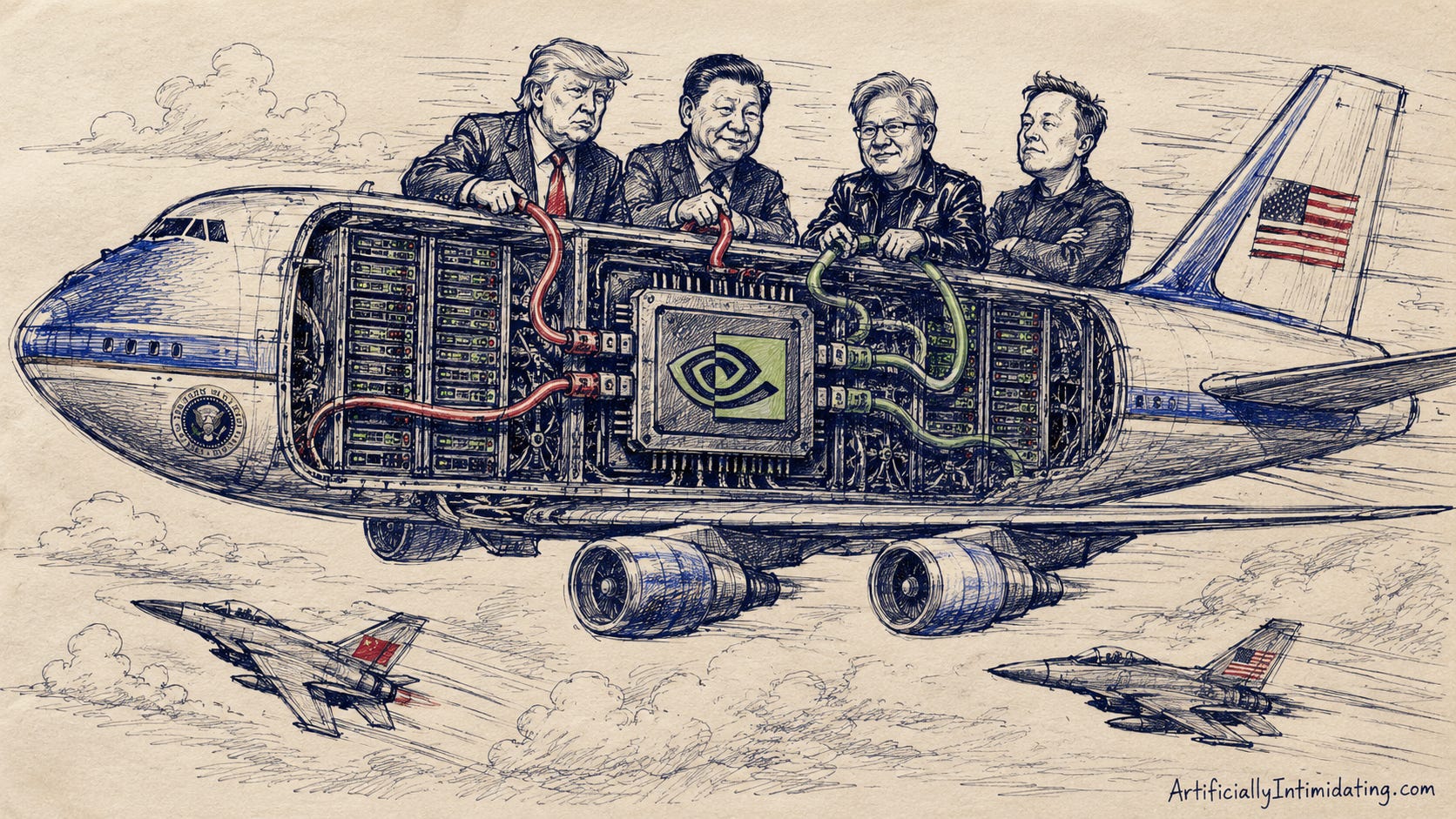 Hand-drawn editorial sketch of Air Force One transformed into a giant flying server rack with an exposed Nvidia-style GPU chip at its center. Trump, Xi Jinping, Jensen Huang, and Elon Musk stand on top of the aircraft plugging colored cables into opposite sides of the machine while fighter jets escort the plane through the clouds. The illustration is drawn in loose blue ink on textured paper with sketch-like shading and visible pen strokes.